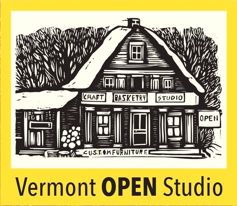 Vermont open studio logo, black and white drawing of a country store in yellow frame